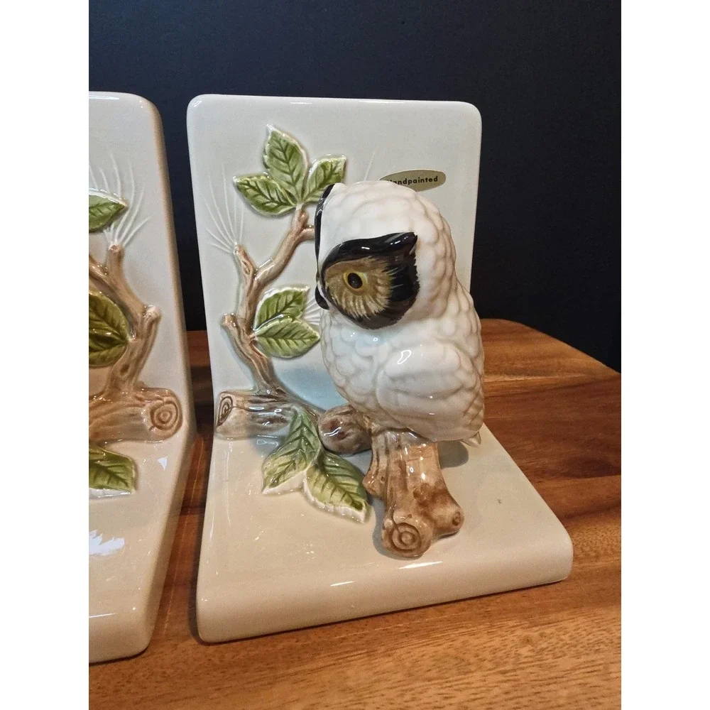 Vintage Owl Log Branch Leaf Bookends Otagiri OMC Japan EUC